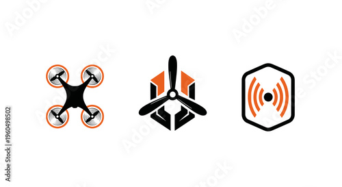 Drone Icons: Quadcopter, Propeller and Signal Transmitter - Vector Graphics