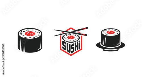 Sushi Icons: Maki Roll, Hexagon Logo, Nigiri on Plate with Chopsticks