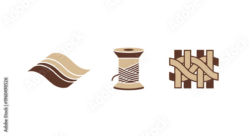 Textile Industry Icons: Abstract Wave, Spool of Thread, Woven Fabric Pattern