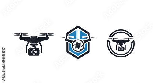 Drone Icons Set: Camera Drone, Shield Drone, Circle Drone - Vector Graphics
