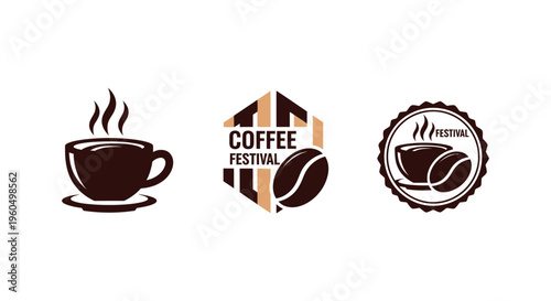 Coffee Festival Logo Set: Cup, Bean, Hexagon Design