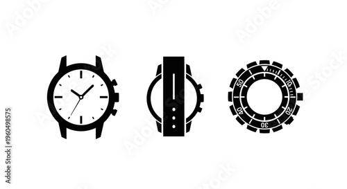 Watch Icons: Front, Side, and Bezel Views - Black and White Vector Graphics