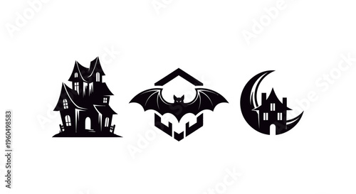 Halloween Icons: Haunted House, Bat Silhouette, Crescent Moon House