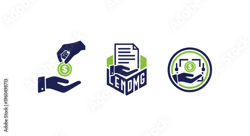 Lending and finance icons: hand receiving coin, document with hands, coin transaction