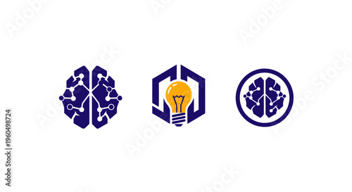 Artificial intelligence and innovation icons: brain, lightbulb, and neural network