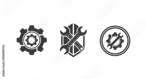 Industrial Gear and Wrench Icons: Mechanical Engineering and Repair Set