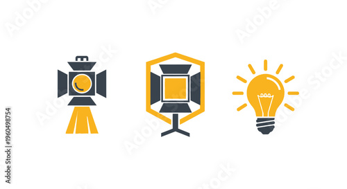 Stage Lights and Light Bulb Icons: Showbiz, Creativity, and Illumination Concepts