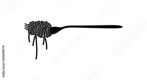 A minimalist black depiction of spaghetti wrapped around a fork presented as a striking silhouette high quality professional