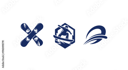 Snowboarding Icons: Snowboards, Rider Silhouette, and Abstract Wave Design
