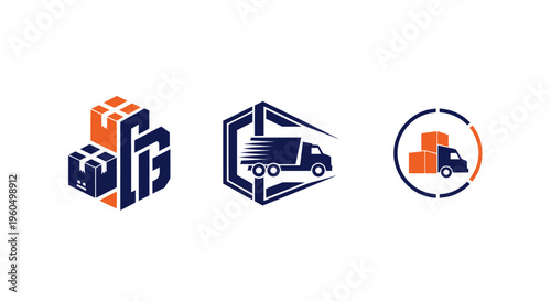 Logistics and delivery truck icons with boxes, modern and clean design