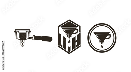 Coffee brewing tools: portafilter, hexagon logo, and circular logo with funnel.
