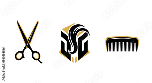 Barber Tools: Scissors, Hexagonal Logo with Hair, and Comb