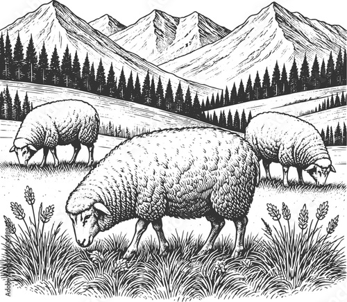 Sheep Grazing in Mountain Meadow Vintage Engraving Illustration