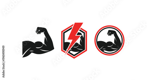 Fitness Icon Set: Flexing Biceps, Lightning Bolt, and Circular Logo