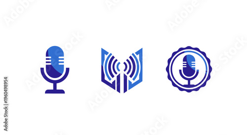 Podcast microphone icons, broadcast, radio, audio, communication, technology symbols