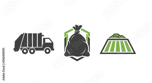 Garbage truck, trash bag icon, and landfill illustration on white background