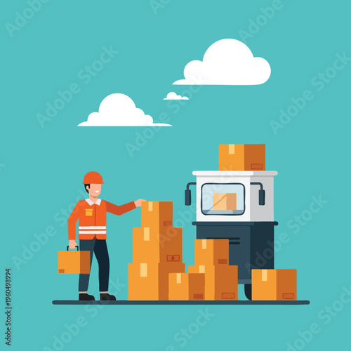 Worker in safety vest and helmet with boxes and vehicle