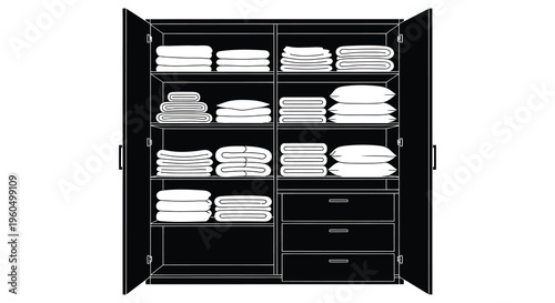 A black and white illustration of a wardrobe filled with neatly folded linens and pillows silhouette high quality