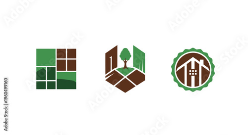 Landscaping and Gardening Icons: House, Tree, and Garden Bed Designs