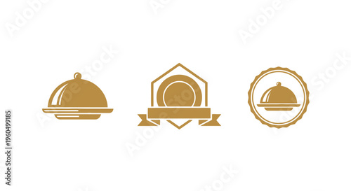 Restaurant Icons: Cloche, Plate Emblem, Circular Seal with Food Cover