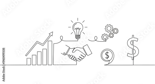 Business growth handshake with idea and finance symbols, conceptual illustration