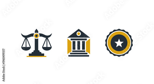 Legal Justice and Government Icons: Scales of Justice, Courthouse, Seal