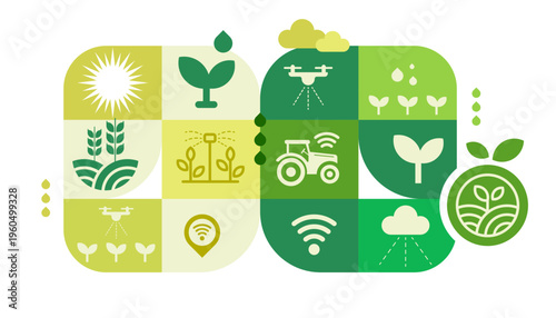 Modern vector illustration of smart agriculture technology. Icons show sun, wheat, drone, tractor, sprinkler, seedlings, signal, and rain for sustainable farming.