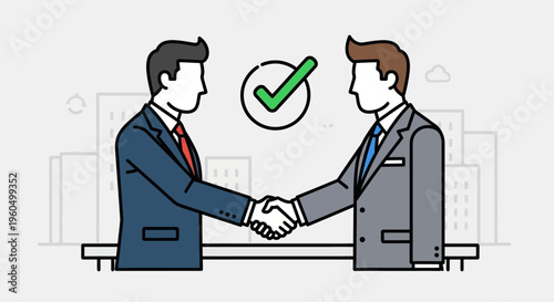 Business partners shaking hands with a checkmark for successful deal and agreement in city background
