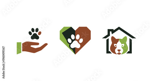 Pet Care Icons: Paw Print in Hand, Heart, and House with Cat Face