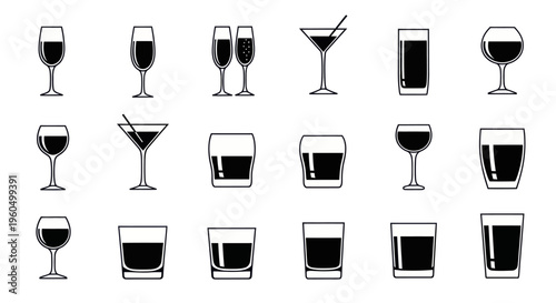 Collection of Various Drink Glasses Icons: Cocktails, Wine, Champagne, Whiskey