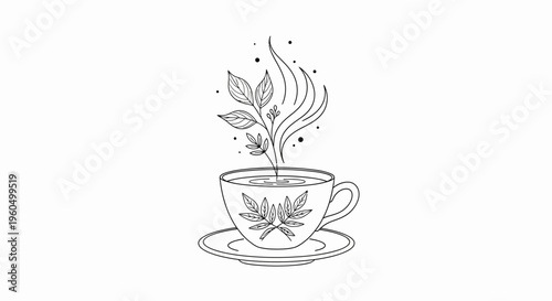 Herbal Tea Cup Drawing: Fresh Leaves, Steam, and Aroma in Minimalist Line Art