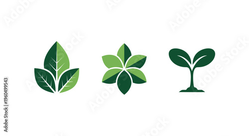 Green leaf icons and sprout symbols for nature and growth concepts