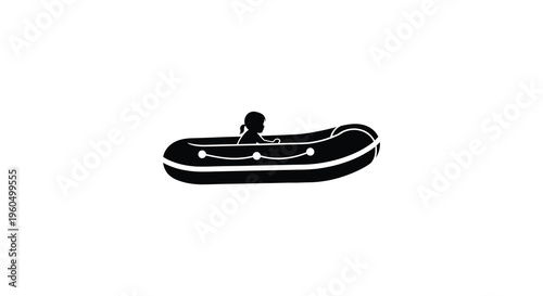A stark black silhouette depicts a person rowing a small inflatable boat on calm waters silhouette high quality
