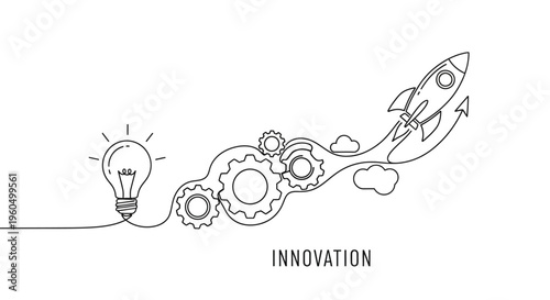 Innovation Concept: Lightbulb, Gears, and Rocket Launch