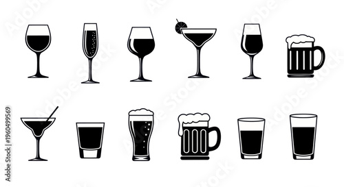 Collection of Black and White Drink Glasses Icons