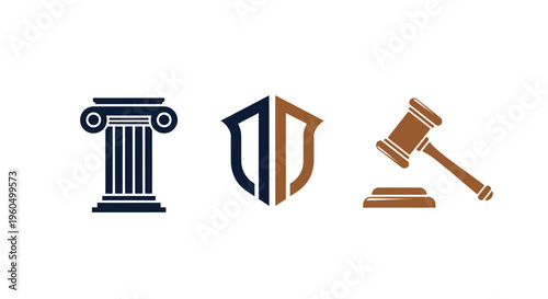 Legal icons: column, shield, and gavel. Symbolizing justice, law, and protection.