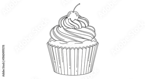 Cupcake with Cherry Outline Drawing - Sweet Treat Vector