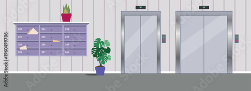 Elevator Hallway. Apartment Elevator Lobby interior with lifts. Office or apartment building hallway, public space. Vector Flat illustration
