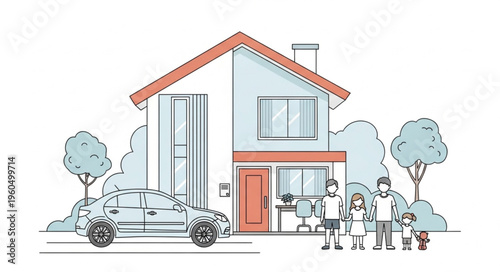 Family in front of house.