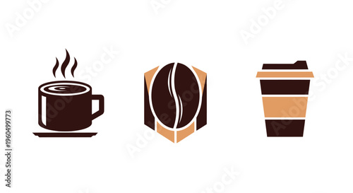 Coffee Icons: Cup, Bean Emblem, and To-Go Cup