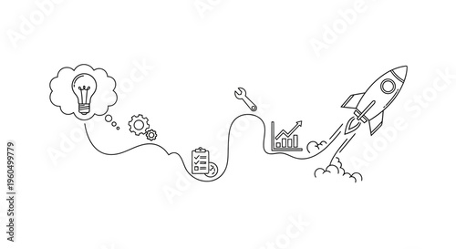 Business startup concept: idea to launch, growth, and success with rocket