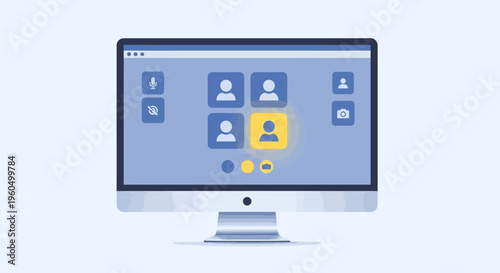 Online meeting interface on computer screen, video conference participants, remote communication