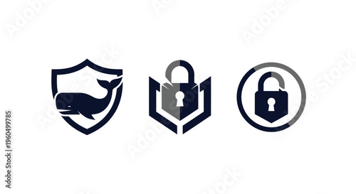 Digital Security Icons: Whale Shield, Padlock Shield, Circular Padlock