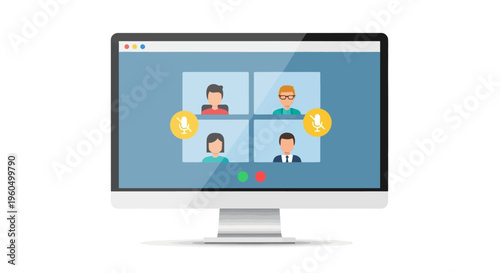 Online video conference call with four people in a grid layout on a computer screen