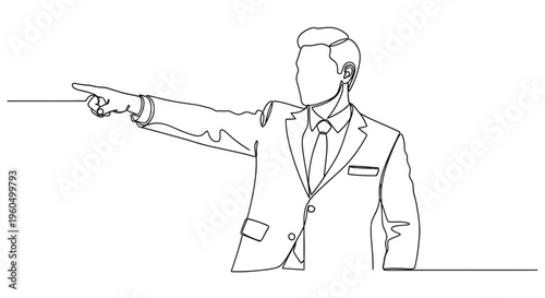 Businessman pointing forward, leadership, direction, strategy, decision, one line drawing