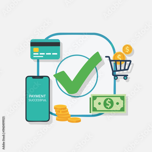 Successful mobile payment transaction with credit card, money, coins, and cart