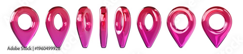 Cuadro en lienzo Set of glossy pink 3D map location pin icons in different views