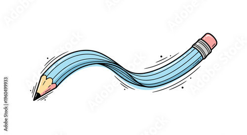 Fun blue pencil is drawn with a wavy and flexible body, suggesting creativity, motion, and artistic freedom.