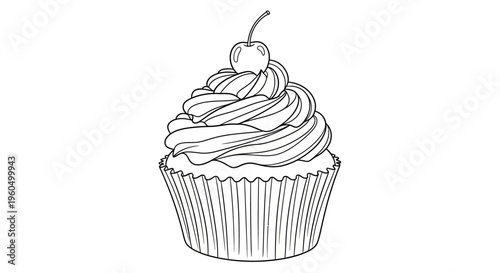 Hand-drawn cupcake with frosting and cherry, black and white line art, isolated on white