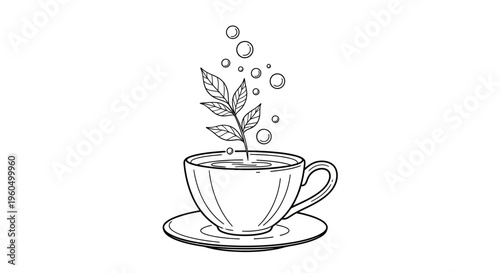 Herbal Tea Infusion: Fresh Leaves Steeping in a Cup with Bubbles